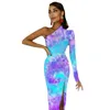 Robes décontractées Tie Dye Swirl Swirl Maxi Robe One épaule bleu et violet Club Bodycon Automne Streetwear Long Woman Imprimé Vestidos