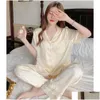ملابس نوم للسيدات Lenceria Women S Spring Summer Pajamas for Short Sleeve Lace Disual Home Walking Label Top Pant Suit Comfortabl OTJW9