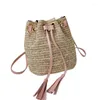 Drawstring Fashion Women Bag Sweet Beach All-Match Straw Solid Color Schouder Beknopte emmervorm