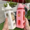 Kawaii Water Bottle With Straw 3D Cute Bear Sticker a Free Plastic Square Sippy Cup Poratable Drinkware 700ml 240424