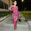 Sukienki swobodne Anjamanor MultiColor Printed Sexy Woman Winter Club Off Ramper Long Rękaw Backless Sukienka D85-CZ24