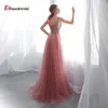 Abiti da festa eleganti perle blush abito da ballo a fessura laterale fatta a mano per donne 2024 a V al collo lungo a V Aline Tulle Plus size Abito da sposa da sera