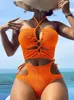 Bikini Women's New Split Solid Color Hollow Sexy High Waisted Swimsuit