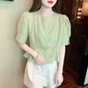 Women's Blouses 2024 Puff Sleeve White And Green Blouse Tops Summer Style Chic Beautiful Slim Waist Shirt
