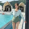 Women's Swimwear 2024 One Piece Swimsuit With Long Sleeve Crop Top Cover Up Women Monokini Bodysuit Korean Bathing Suit Beachwear Summer
