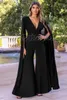 Party Dresses Navy Blue Chiffon Women Jumpsuits Evening With Cape Sleeves Elegant Formal Reception Dress Pant kostymer Gala klänningar