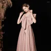 Robes de fête rose satin au large des épaules robe de soirée Femme Big Bow perle à lacets glissade