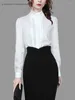 女性のブラウスオフィスレディースホワイト2024スプリングロングスリーブフリル首の女性トップエレガントなファッションワークボタンダウンドレスシャツ