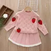 Clothing Sets Spring Autumn Infant Baby Girl 2PCS Clothes Set Cartoon Strawberry Crochet Pullover Suit Solid Knitted Skirt Toddler Outfit