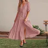 Sundresses for Women Solid Color krótkie rękawowe warstwa za szyję A-line Side Slit Maxi Dress Bohemian Vacation 240423