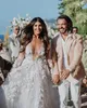 3D Çiçek Aplikler Gelinlik Uzun Kollu Seksi Sırtsız Derin V-Gell Bir Çizgi Tül Boho Gelinlik Romantik Tasarımcı Vestido De Novia