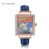 HORROR ASSISTOR ALIMENTO GHOSTFace Skull Quartz Blue Leather CZ VVS Moissanite Watch for Ladies