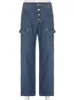 Frauen Jeans Weiyao Button Up Baggy Taschen Fracht Straigh Bein Frauen hohe Taille koreanische Freizeitbreite Streetwear