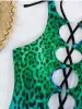 Sätt sexig ihålig ut en bit baddräkt Kvinnor Blue Leopard Print Gradient Bandage Backless Bikini Bathing Suit Thong Badkläder 2024