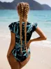 Vintage Print Womens Swimsuit One Piece Zipper Ruffle Szybkie odzież Kobiety Sexy High Cut Monokini Bathing Suits Surf Beachwear 240410