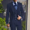 Men's Suits Luxury Tuxedo Navy Blue For Men Single Breasted Peaked Lapel Slim Fit 3 Piece Jacket Pants Vest Tailor-made