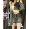 Sukienki robocze Vintage Denim Kombinezon Slim Casual Short Cardigan Sexy Bodycon Y2K Mini spódnica Elegancka koreańska moda 2024 Autumn Chic