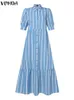 Plus Size VONDA Elegant Striped Shirt Dress Women Summer Sexy Puff Sleeve Lapel Long Maxi Sundress Casual Buttons Office Robe 240420