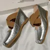 Klänningskor 2024 Summer Women's äkta lädermulor Elastiskt band Cross Strap Wedge Slip-On Pumpar Elegant Ladies Gold Silver Heels Shoe