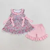 GBO0313 Summer butique maluch ubrania dziewczynki kwiatowe różowe koronkowe brązowe brązowe briski Zestaw hurtowy dla zestawów 240426