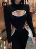 Vestidos casuais luxunvy sexy feminino fino manga longa de cor irregular correspondente Diamond Bandage vestido 2024 outono