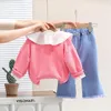 Ensembles de vêtements 2024 Automne Children Baby Girls Coats Shirt Tassel Bow Jean 3 PCS Kids TracksSits Cuting Strawberry Infant Clothes