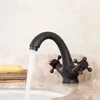 Bathroom Sink Faucets American Copper Black Bronze Basin Faucet Retro Drawing Double Control Style Brass