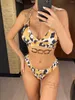 Swimwear féminin Sexy Halter V Neck Leopard Femme Swimsuit High Taist Bikini Femmes Two-Pieces Set Bather Bathing Costume Swim V4238