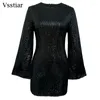 Robes décontractées VSstiar Elegant Long Flare Sleeve Women's Women's Black O Necins Sequins Mini Vestidos Fashion Glitter Party Clubwear Tenues de club