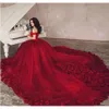 Rote Kleider Quinceanera Applikationen Blumen Langer Zug Cinderella Kleider von Schulter Tüll florale süße 16 Kleider Vestido 15 Anos