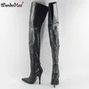 Boots Wonderheel Summer Femmes 12cm High talons noirs cuir PU pointu pointu coute coupe cuisse de moto chaussures femme rainboot