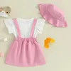 Kledingsets Blotona Little Girls Summer 3-delige outfits Vliegende mouw Crewneck Tops Bow Decorated Suspender Rok Hoed Set 6 maanden