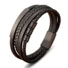 Mäns flerskikt vävt läderarmband enkelt mode rostfritt stål magnet spänne armband tvåfärgade läderrep armband