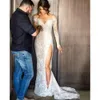Lace New Steven Khalil Vestidos de noiva divididos com saia destacável Mangas de pescoço comprido bainha de alta fenda alta vestido de noiva a excesso