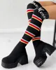 Boots Long Women's Letter Pattern Striped Over Knee Platform Knit Winter Sock Fabric Thick Heel High Heels