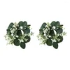 Fleurs décoratives Rustique Eucalyptus Decor Wreath Candle Ring Set for Home Wedding Party Table Centorpiece Decoration Green Artificiel Green