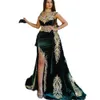 Dark Elegant Veet Dubai Green Evening Dresses Removable Skirt Arabic Side Split Mermaid Prom Gowns Appliques Gold Lace High Neck Algerian Moroccan Kaftan Outfit