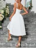 Casual Dresses Asia Fashion Solid Midi Dress Women Summer Sweet Square Collar Sleeveless Bandage Robe Elegant Birthday Party Vestidos Kvinna