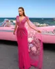 Dubai Luxury Prom Gown Crystal Sage Green Evening Dresses with Cape Fuchsia Gold Elegant Women Party Gowns