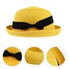 Berets Fashion Women's Girls Bowknot Roll-up Wide Brim Dome Straw Summer Sun Hat Bowler Beach (Yellow)