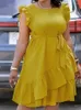 プラスサイズのドレス黄色の夏のドレスバタフライスリーブセクシーな女性がレースアップカジュアルカービー卸売ドロップシップ