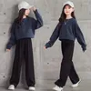 Set di abbigliamento Spring Autumn Girls Cotton Plain Crop Navy Spazzano Black Pant Pant School Kid Tracksuit Outfit 2PCs Set da allenamento