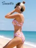 Set Seaselfie Lace Up Mid Taille Bikini Set zwempak voor vrouwen roze bloemen sexy back tie twee stukken badmode 2023 strand badpak