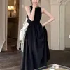 Casual Dresses Vintage Sleeveless Black French Style Elegant Solid Backless Long Dress Summer Office Lady Tank Top Vestidos 28138