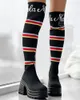 Boots Long Women's Letter Pattern Striped Over Knee Platform Knit Winter Sock Fabric Thick Heel High Heels
