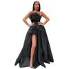 Zwarte avond sexy jurken formeel strapless mouwloos met veerzijde hoge spleet een lijn lange satijnen prom jurk speciale ocn -jurken