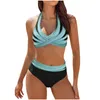 Women's Swimwear Padded Swim Bras For Under Swimsuit Two Bikini Sets Women Ha Lter Wrap Push Up Swimsuits Color Block Front Tie Skirt Set