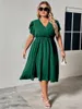 Plus Size Dresses Surplice Neck Swiss Dot A-Line Dress Women Vacation Casual Summer Boho Elastic Waist Large Elegant Midi