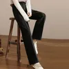 Jeans para mujeres Mezcla de lana Candilla de botón Candilla de la cintura Alta Pantalones de pierna ancha Oficina de mujeres Pantalones Otoño Invierno Cálido Mujer