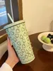 Green Straw Cup Women's Love Pattern Portable Straw Cup 304 Rostfritt stål Isolering Hög utseende Vattenkopp 500 ml kaffekopp